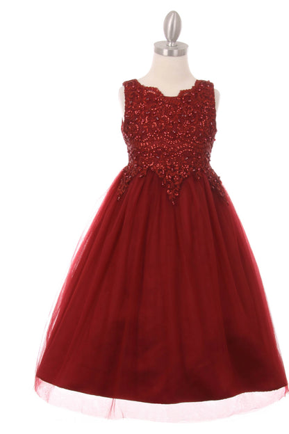 Burgundy flower girl dress with pearl sequins and a full tea-length tulle skirt.