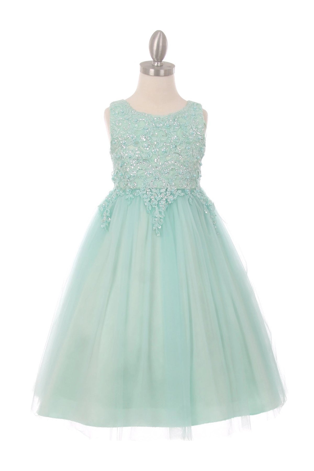 Pearl sequins decorate the rounded neckline of this Mint flower girl dress.