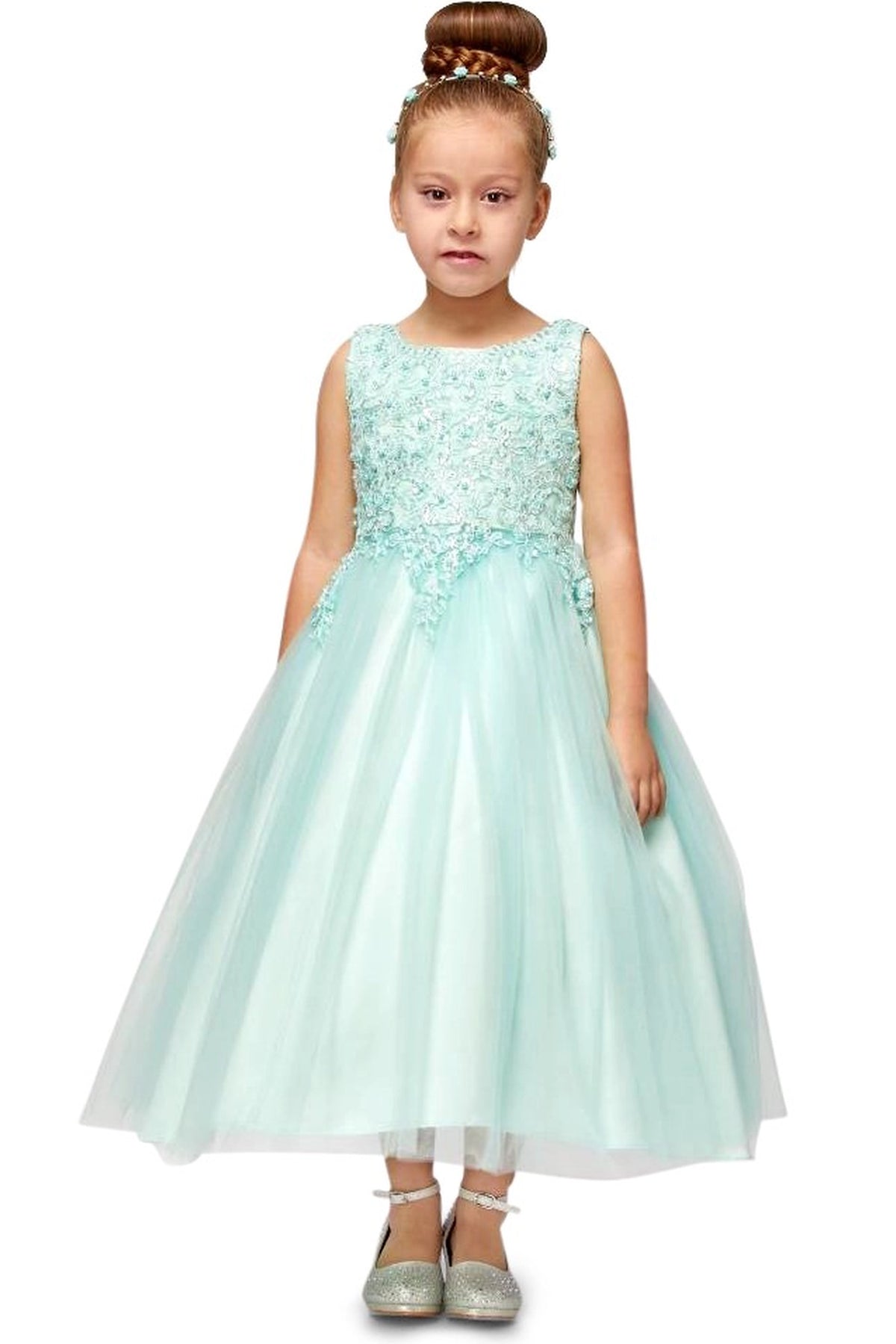 Mint flower girl dress featuring a sleeveless beaded bodice and full tulle skirt.