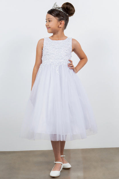 Layered tulle flows from the waist of this White flower girl dress.