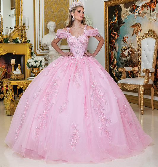 Quinceañera | Pink Ball Gown with Off-the-Shoulder Sleeves and beaded bodice | Berenice dress front back