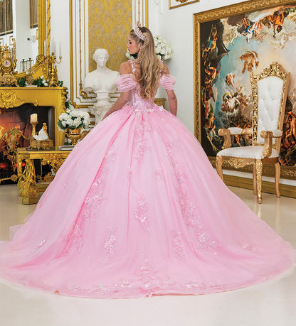 Quinceañera | Pink Ball Gown with Off-the-Shoulder Sleeves and beaded bodice | Berenice dress back