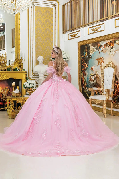 Woman standing back-facing in pink quinceañera ball gown with lace-up bodice, off-shoulder sleeves, floral appliqués, and flowing layered tulle skirt with train