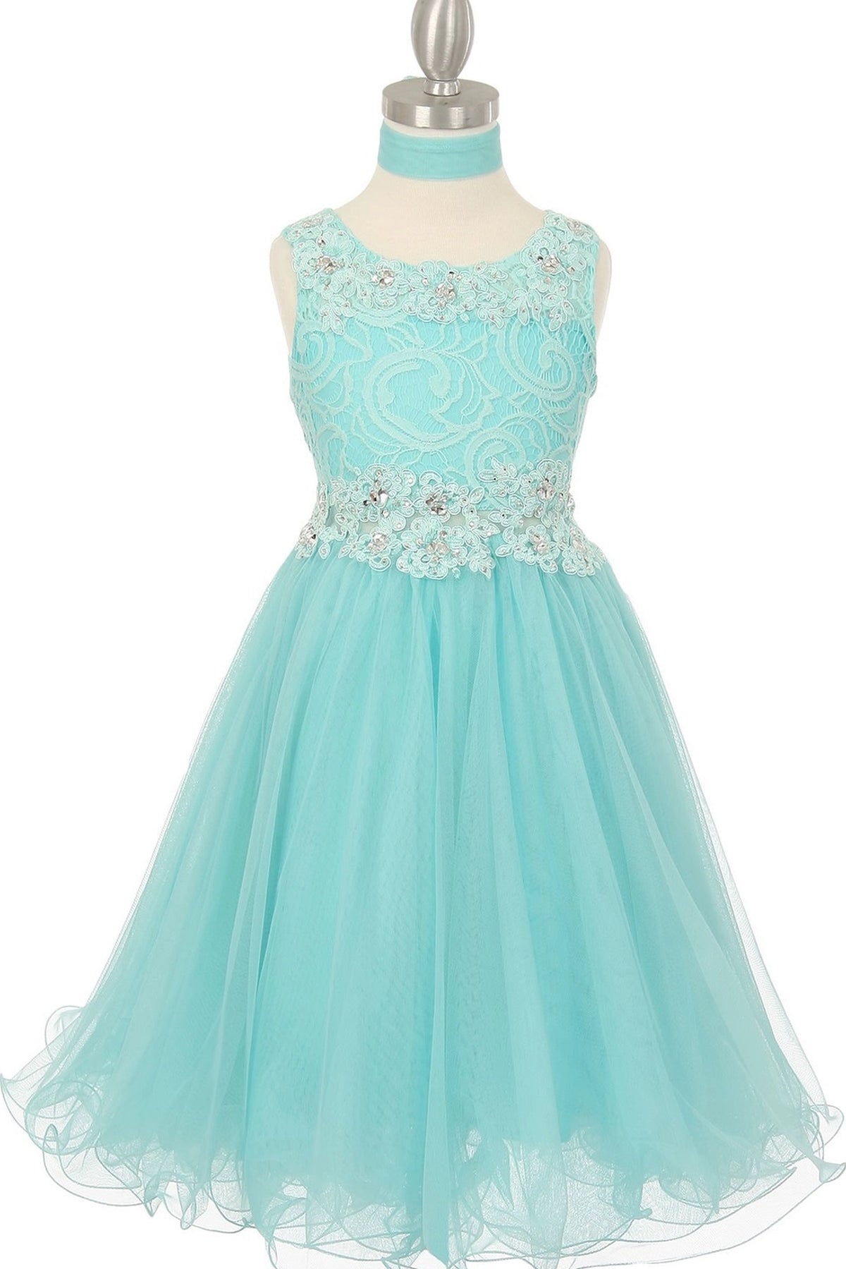 Showcasing with beaded floral lace on the bodice, this Aqua kids party dress displays elegant detail.