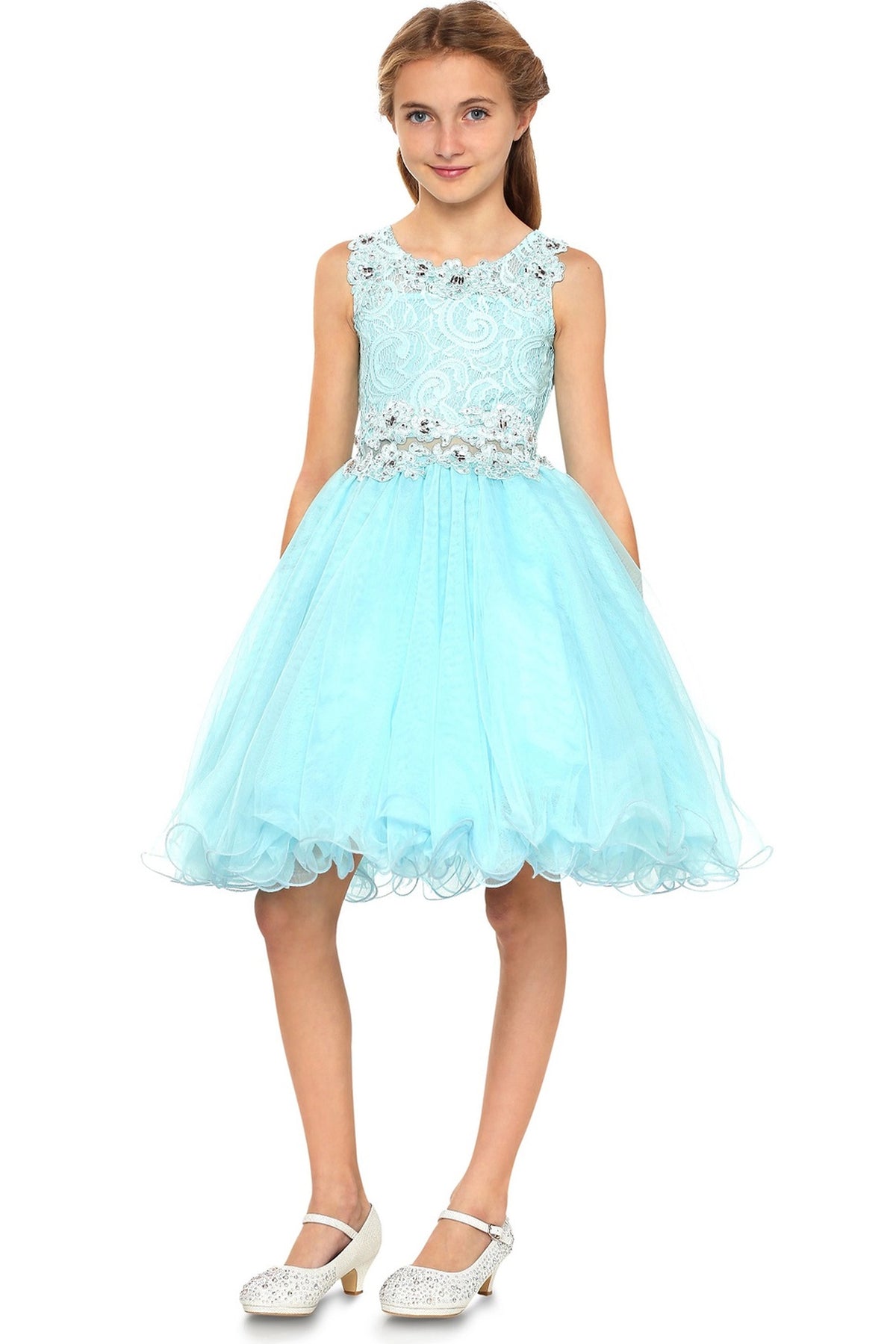 Finished details of a layered tulle skirt distinguish the Aqua kids party dress.