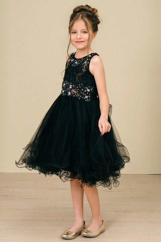 Finished details of a lace back and satin bow distinguish the Black kids party dress.