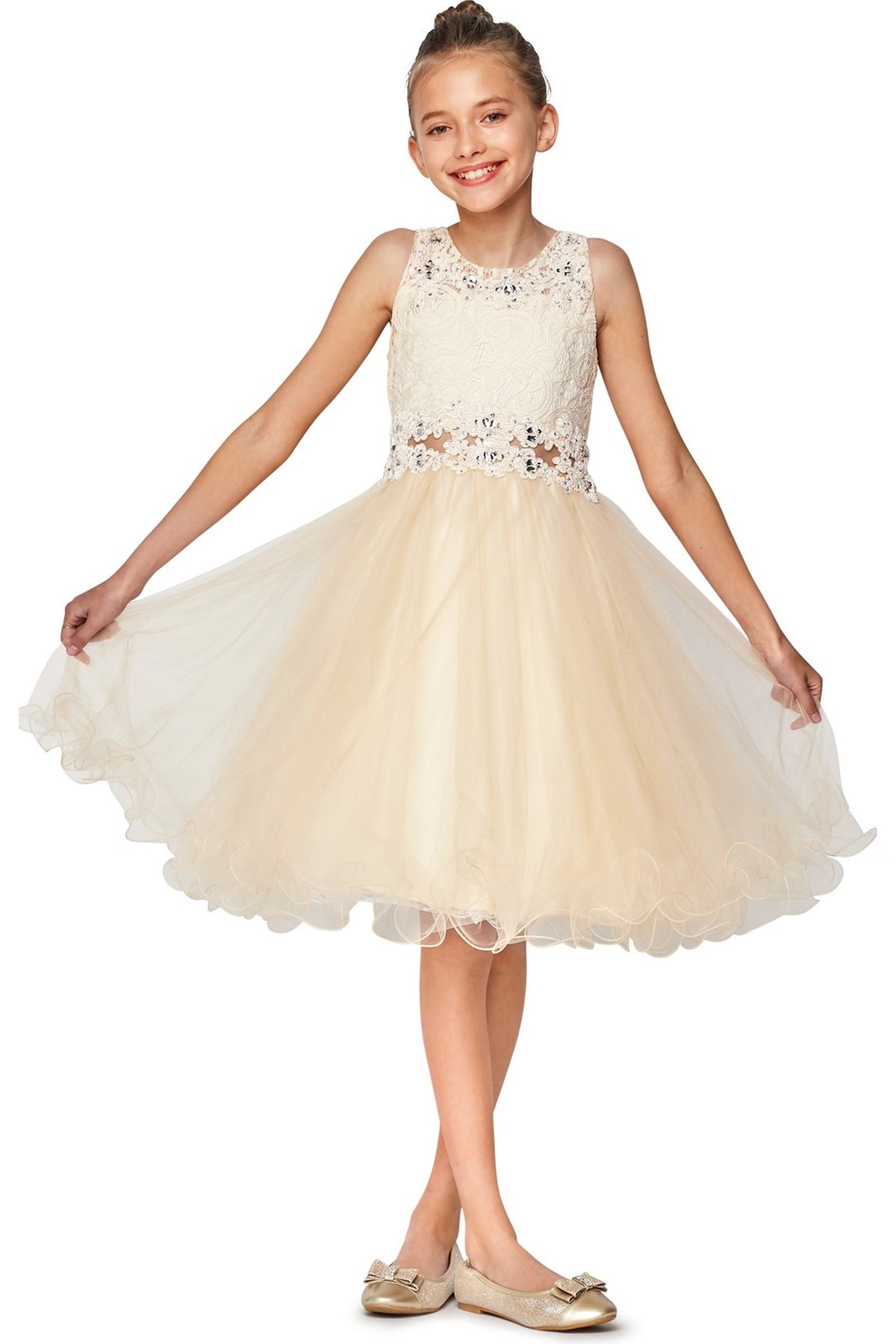 Showcasing with beaded floral lace on the bodice, this Champagne kids party dress displays elegant detail.