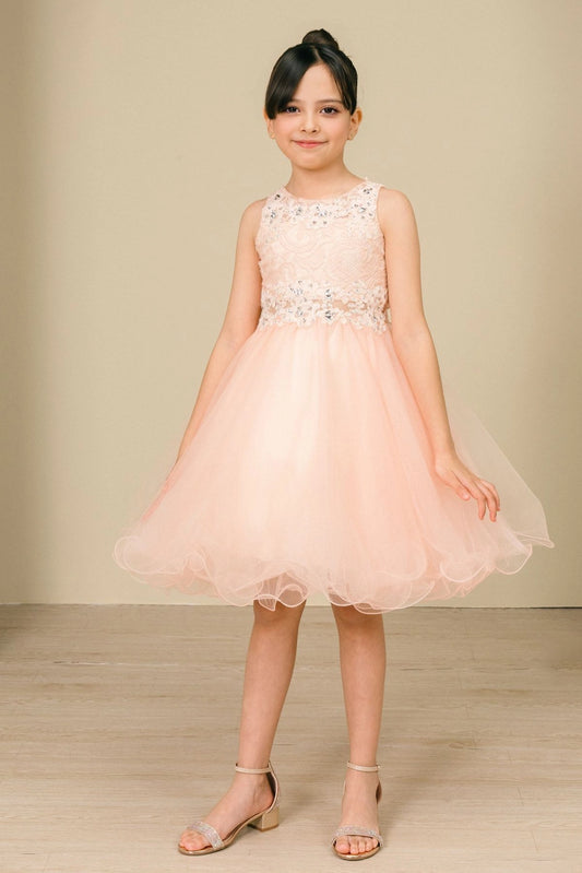 Showcasing with beaded floral lace on the bodice, this Peach kids party dress displays elegant detail.