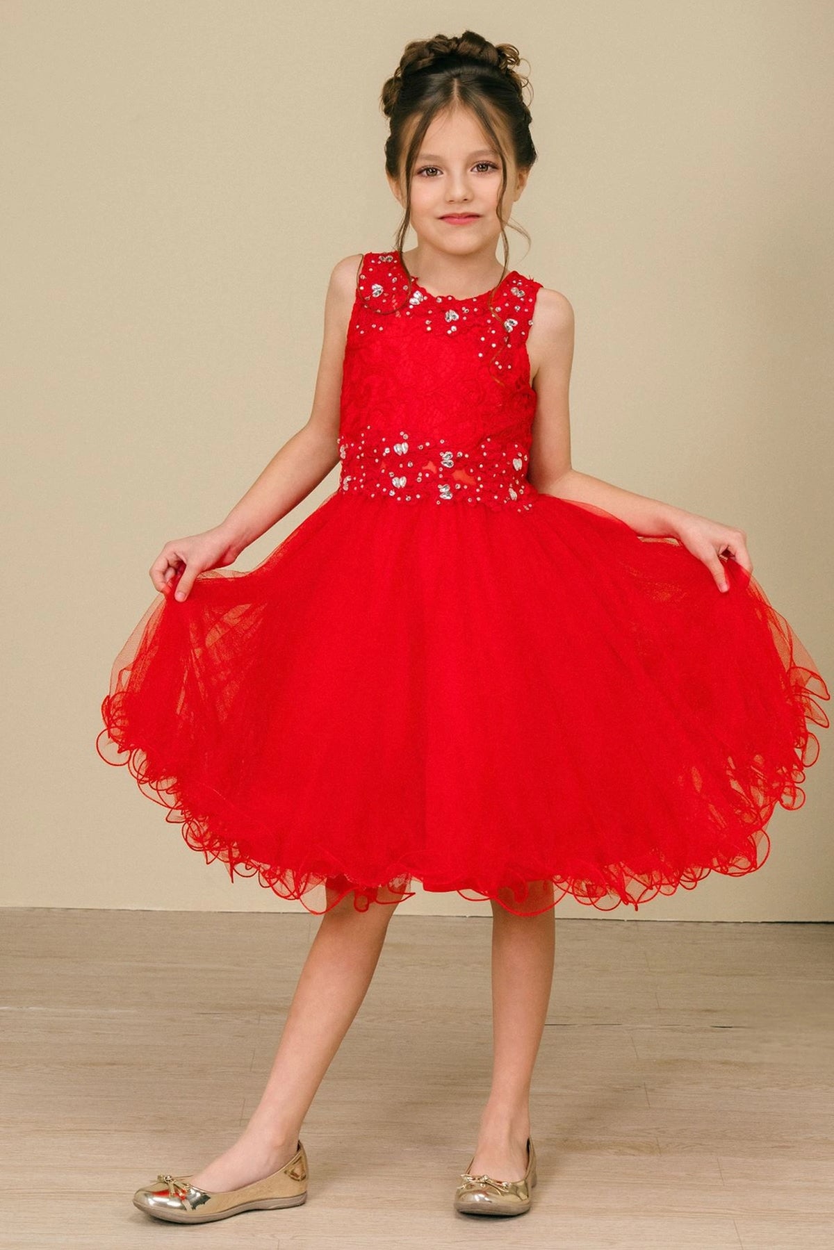 Accented a layered tulle skirt adds character to this Red kids party dress.
