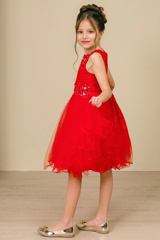 Finished details of a lace back and satin bow distinguish the Red kids party dress.