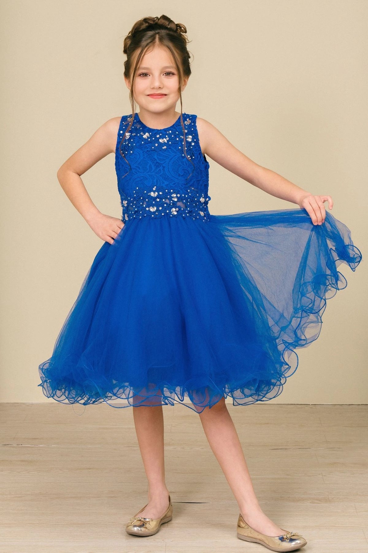 Accented a layered tulle skirt adds character to this Royal Blue kids party dress.