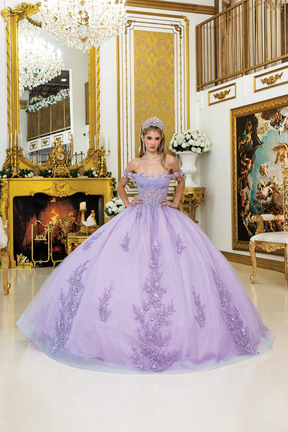 Lilac Quinceañera Dress Big Bow Floral Appliques Quince Train M / Lilac