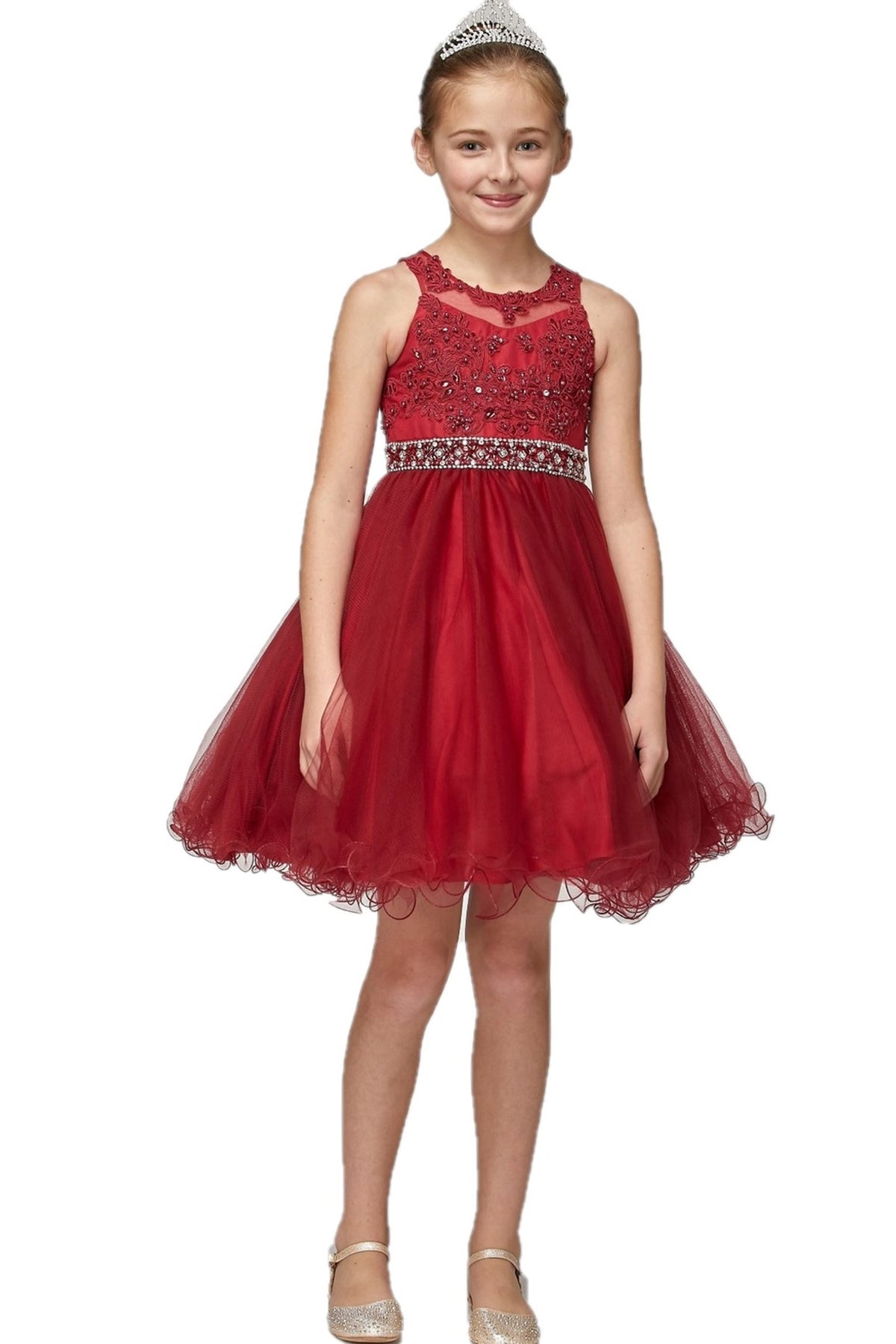 Showcasing with raised floral bodice appliques, this Burgundy kids party dress displays elegant detail.