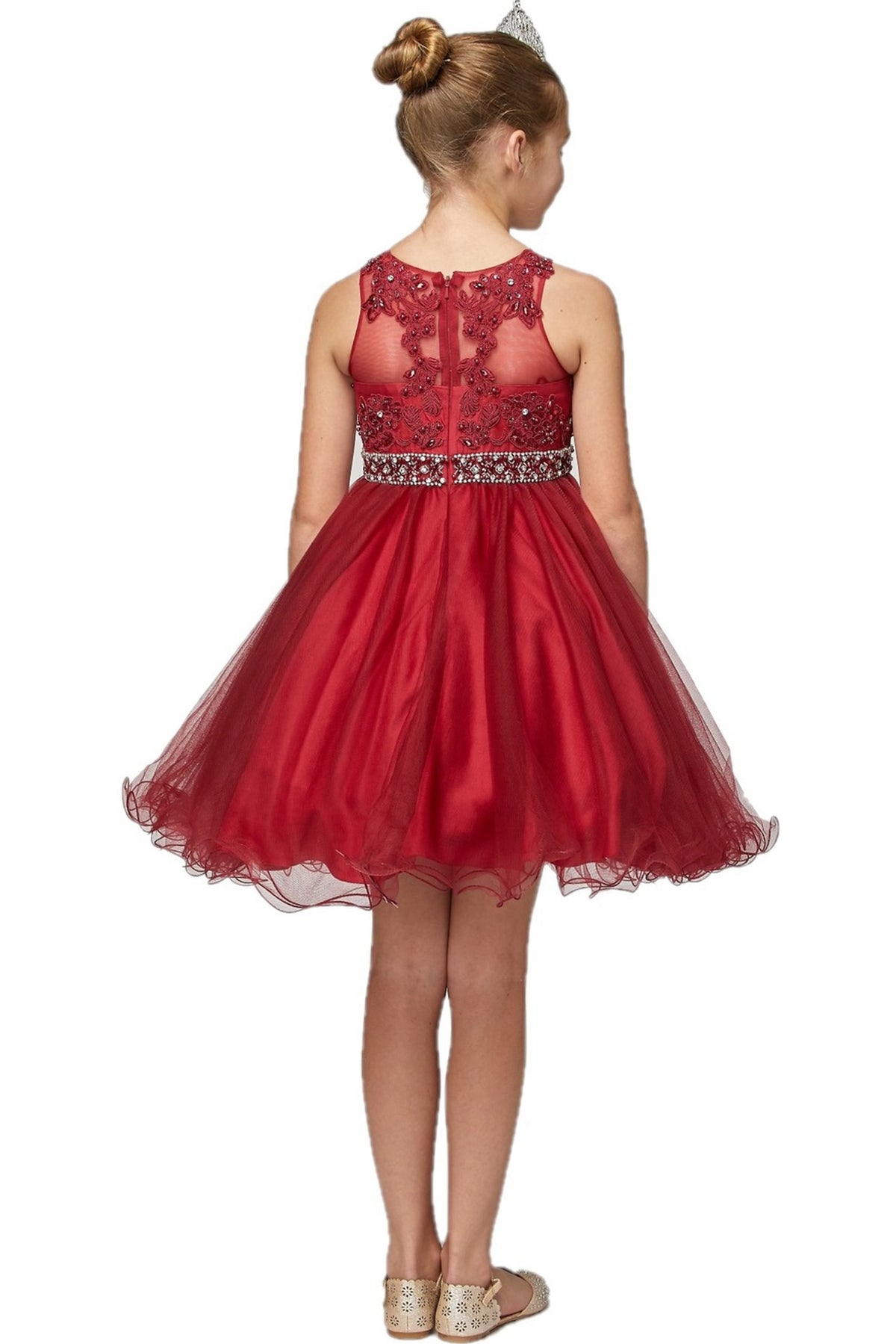 Finished details of a lace-framed back opening distinguish the Burgundy kids party dress.