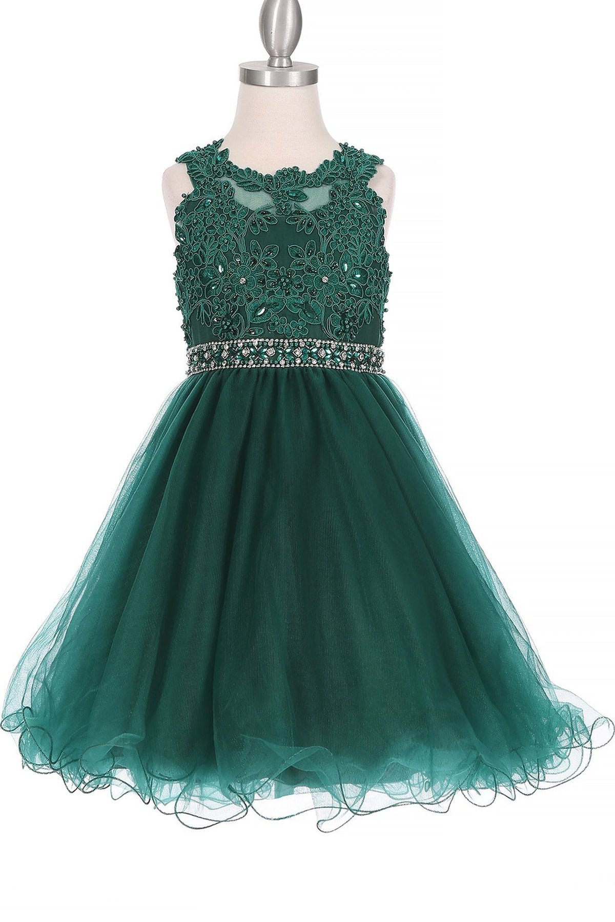 Showcasing with raised floral bodice appliques, this Hunter Green kids party dress displays elegant detail.