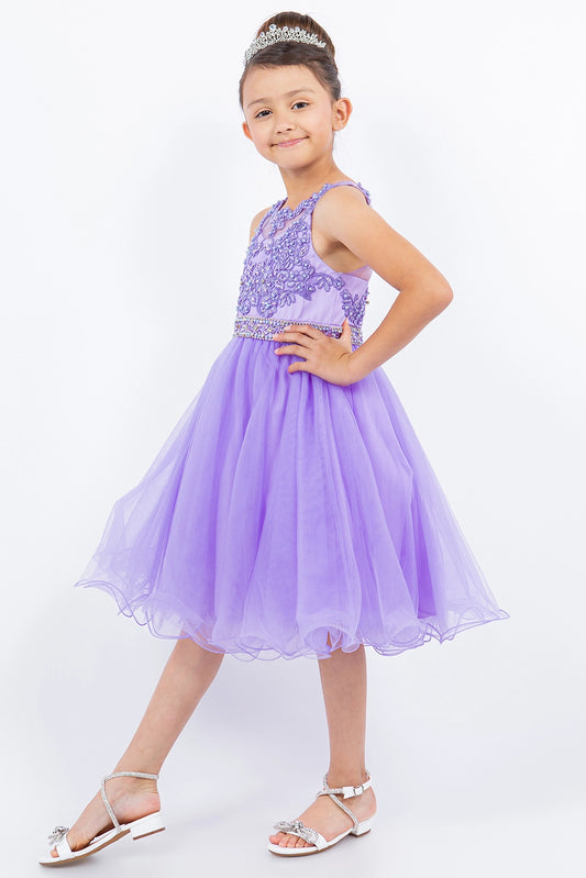 Accented a jeweled waistband adds character to this Lilac kids party dress.