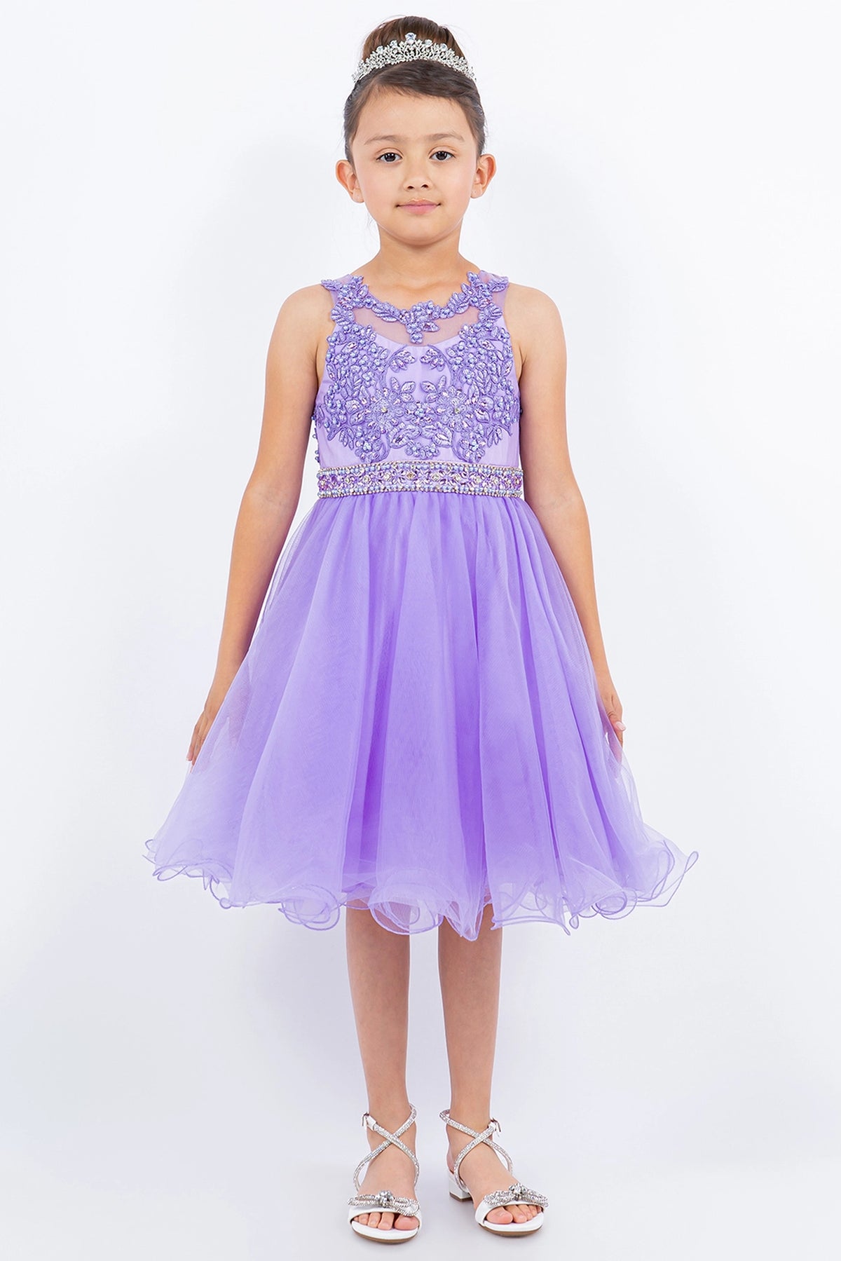Featuring with raised floral bodice appliques, this Lilac kids party dress displays elegant detail.