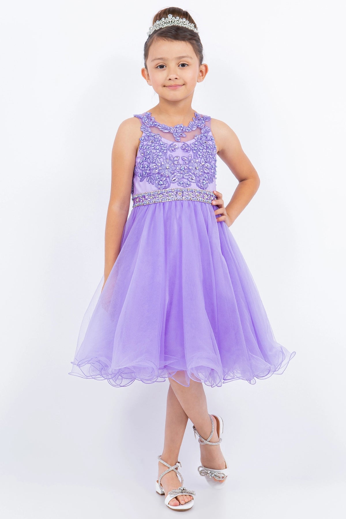 Designed details of a jeweled waistband distinguish the Lilac kids party dress.
