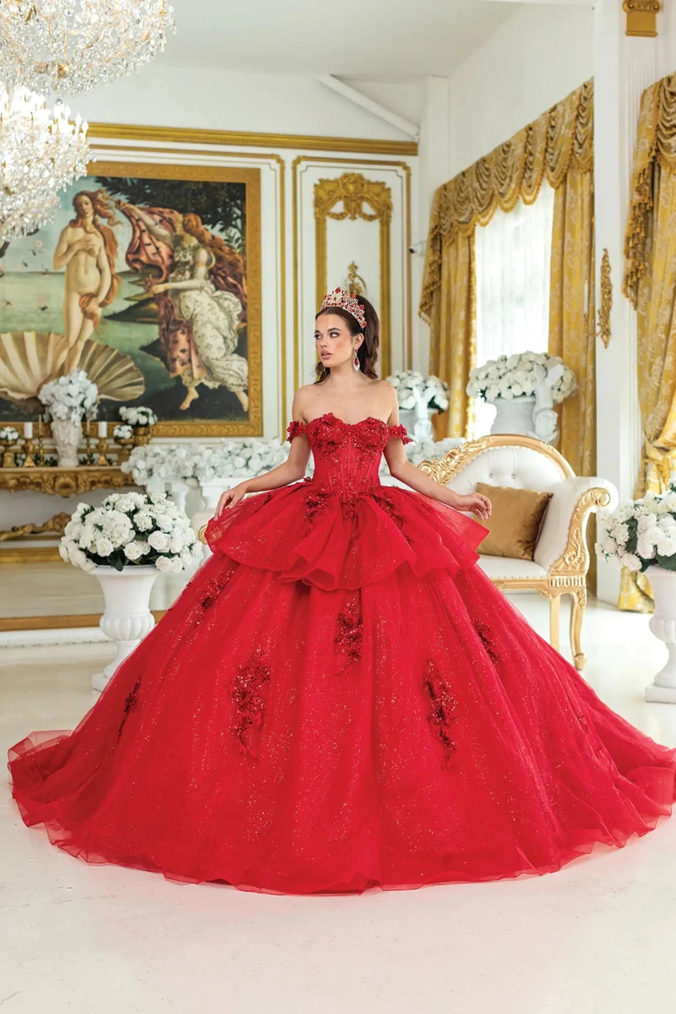 Front view of red quinceañera ball gown with off-the-shoulder neckline, embellished sweetheart corset bodice, and voluminous glitter tulle skirt with floral lace appliqués.
