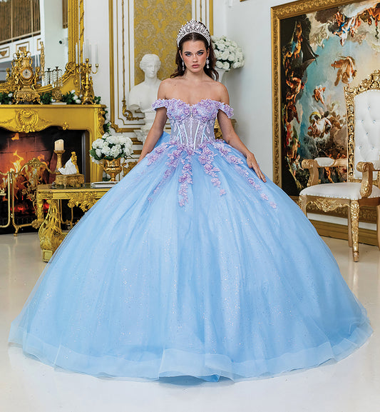 Quinceañera | Bahama Blue and Lilac Ball Gown with Off-the-Shoulder Floral Details  | Melina dress