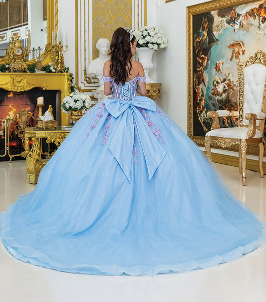 Quinceañera | Bahama Blue and Lilac Ball Gown with Off-the-Shoulder Floral Details  | Melina dress