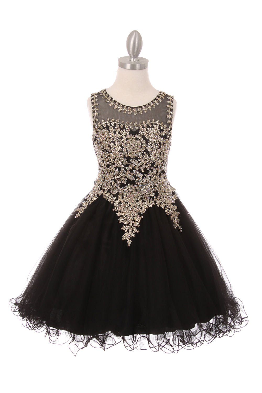 Black flower girl Dress Front View With Lace Bodice And Layered Tulle Skirt.