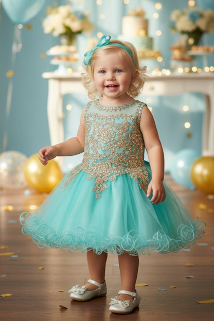 Bodice close-up highlights aqua flower girl Dress With Lace Bodice And Layered Tulle Skirt.