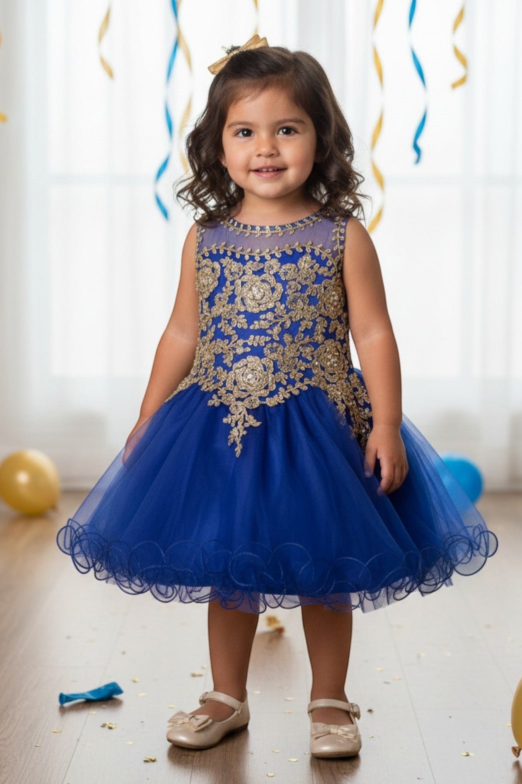 Royal flower girl Dress Front View With Lace Bodice And Layered Tulle Skirt.