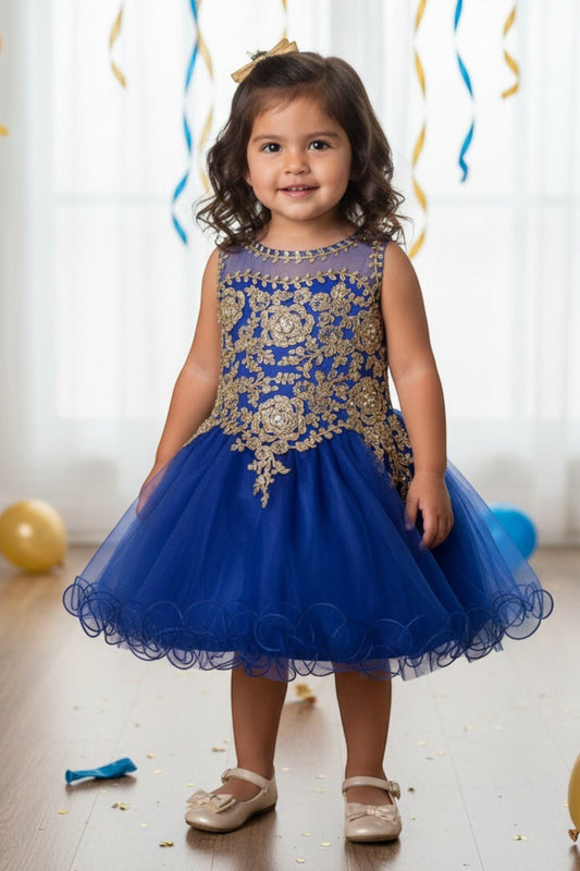 Royal flower girl Dress Front View With Lace Bodice And Layered Tulle Skirt.