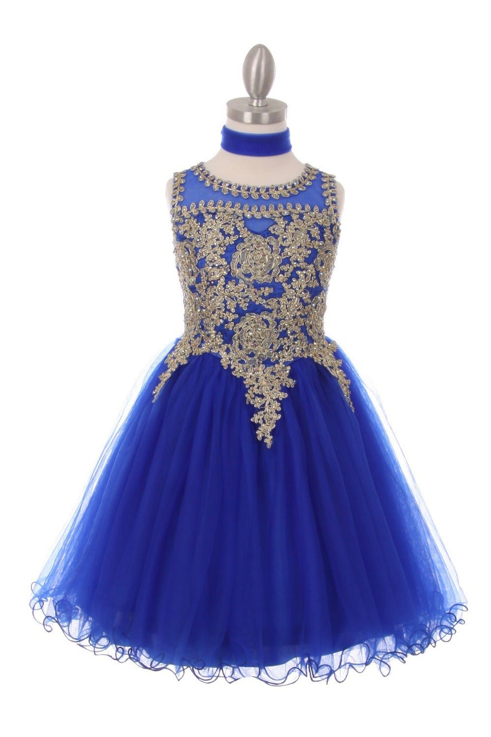 Front-facing display of an elegant royal blue flower girl dress featuring a crystal-beaded bodice, detachable bow accent, and a glitter tulle layered skirt.