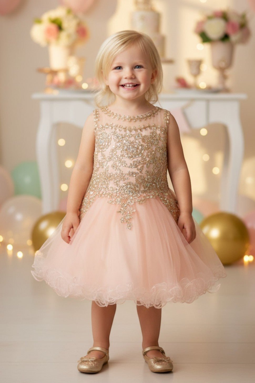 Blush flower girl Dress Front View With Lace Bodice And Layered Tulle Skirt.