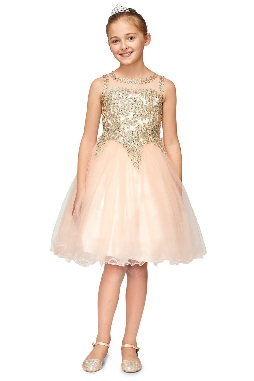 Blush flower girl Dress Front View With Lace Bodice And Layered Tulle Skirt.