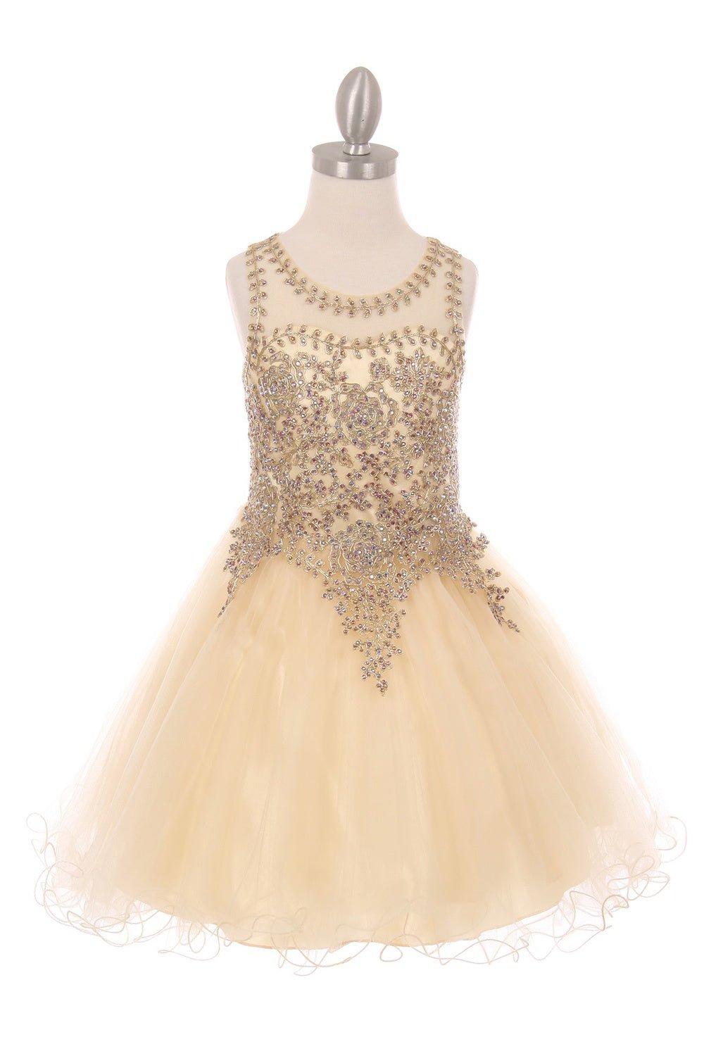 Champagne flower girl Dress Front View With Illusion Bodice And Wired Tulle Skirt.