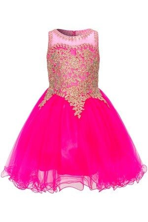 Neon fuchsia flower girl dress front-facing with lace bodice, layered tulle skirt, and vibrant silhouette.