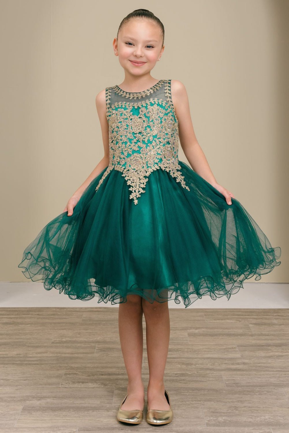 Hunter Green flower girl Dress Front View With Illusion Bodice And Wired Tulle Skirt.
