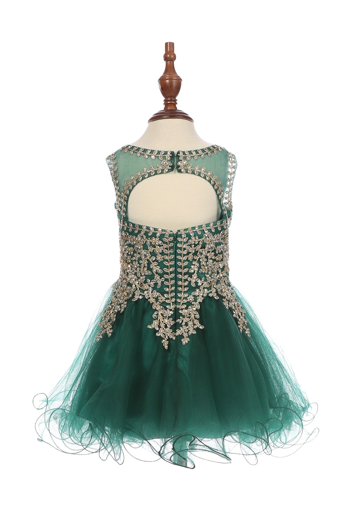 Hunter green flower girl dress back view highlighting flowing tulle skirt and elegant silhouette.