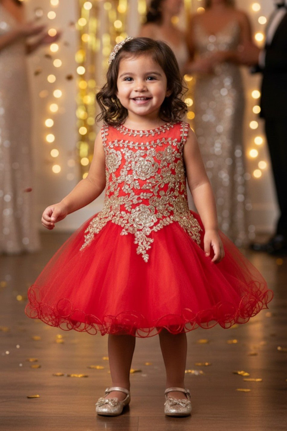 Red flower girl Dress Front View With Illusion Bodice And Wired Tulle Skirt.