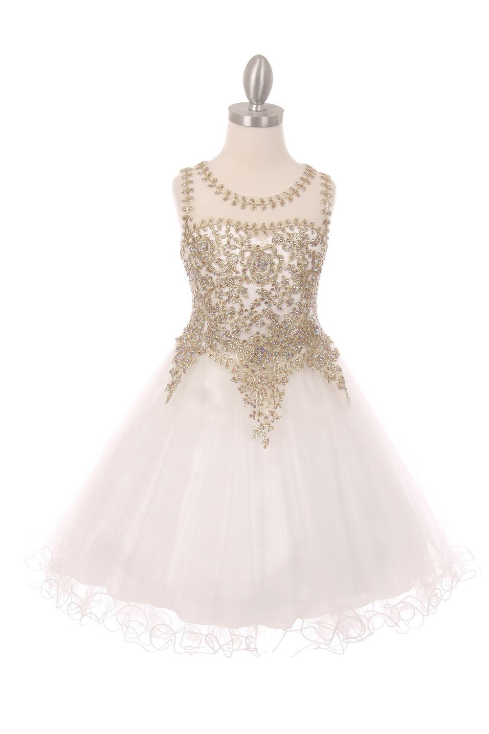 White flower girl dress front view with lace bodice and layered tulle skirt.