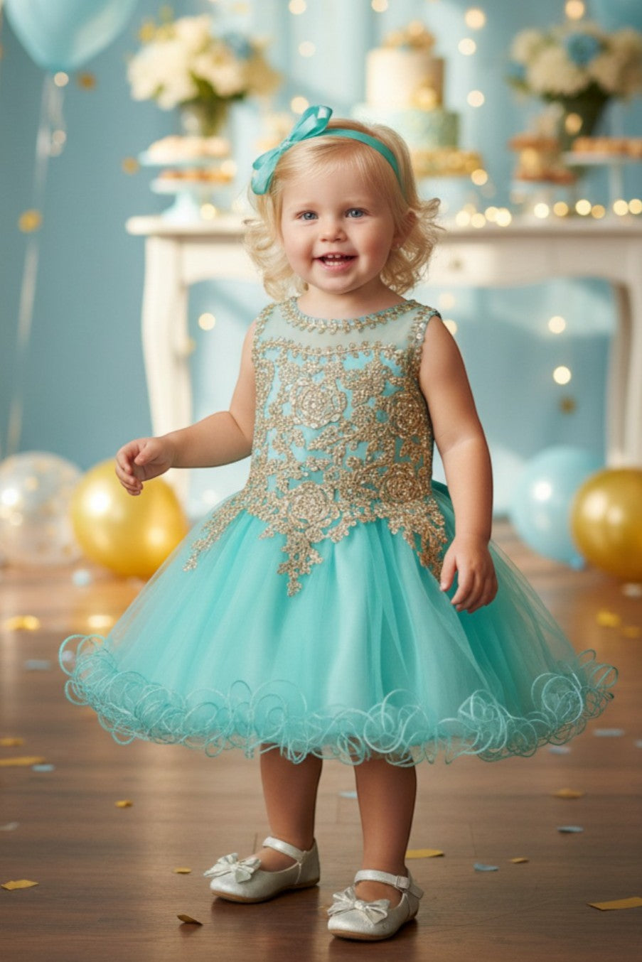 Kid Wearing Aqua Flower Girl Dress Front View With Lace Bodice And Layered Tulle Skirt
