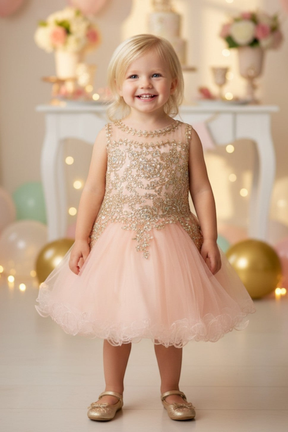 Kid Wearing Blush Flower Girl Dress Front View With Lace Bodice And Layered Tulle Skirt
