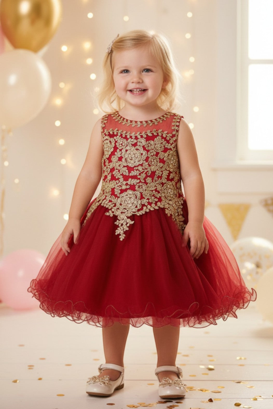 Kid Wearing Burgundy Flower Girl Dress Front View With Lace Bodice And Layered Tulle Skirt