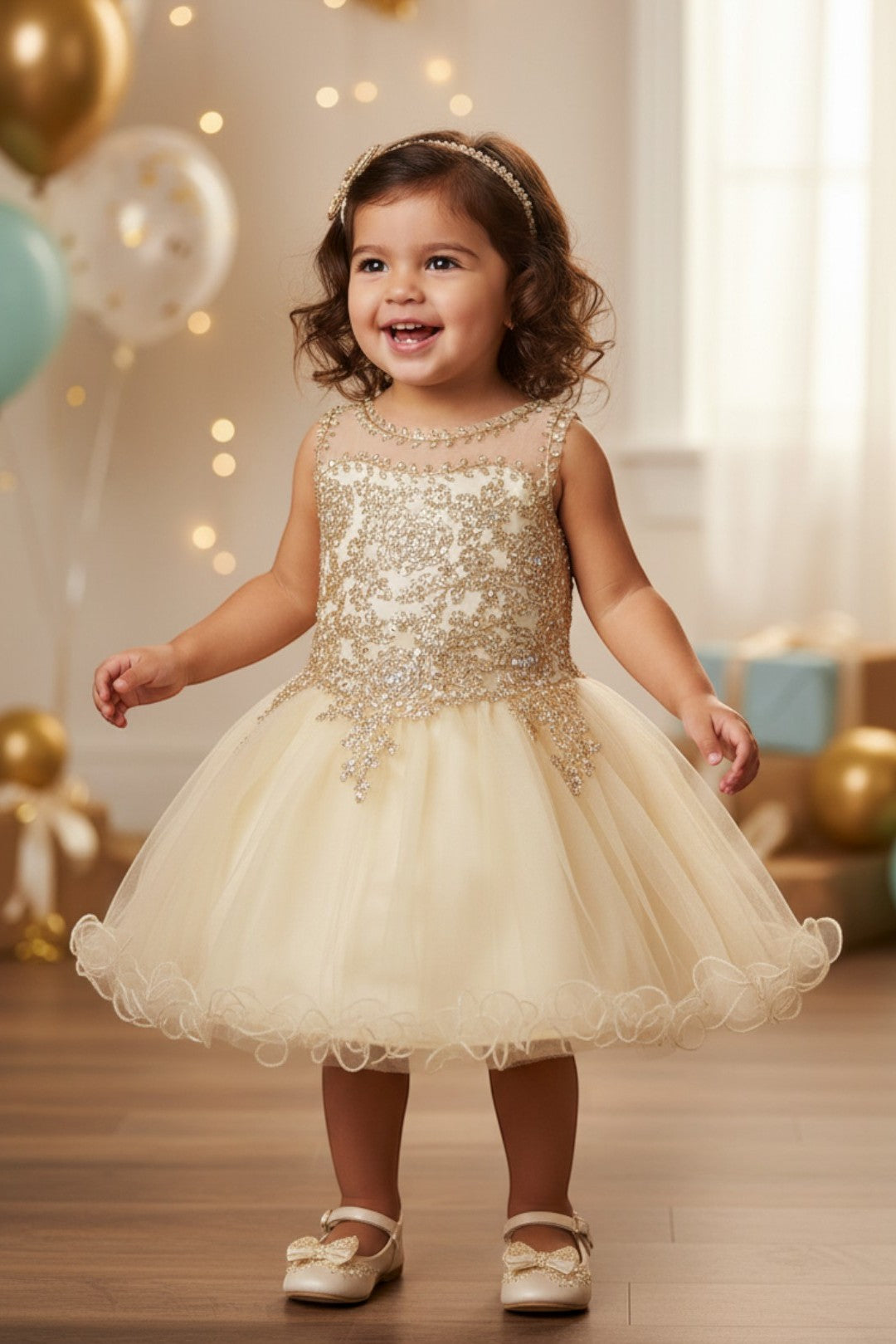 Kid Wearing Champagne Flower Girl Dress Front View With Lace Bodice And Layered Tulle Skirt