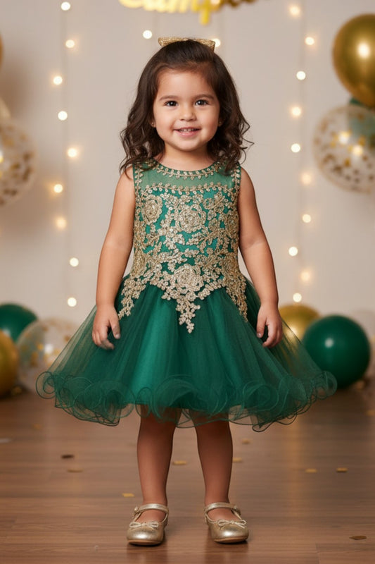 Kid Wearing Hunter Green Flower Girl Dress Front View With Lace Bodice And Layered Tulle Skirt