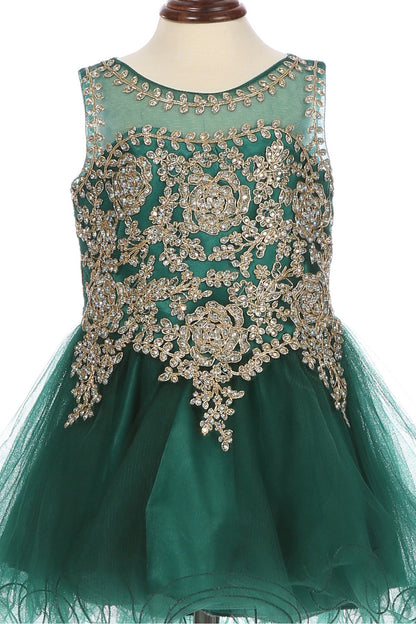 Close-up front view of hunter green dress showing floral applique and pearl detail