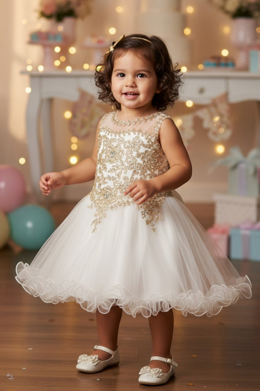 Kid Wearing White Flower Girl Dress Front View With Lace Bodice And Layered Tulle Skirt
