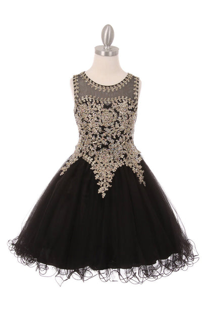 Kid Wearing Black Flower Girl Dress Front View With Lace Bodice And Layered Tulle Skirt