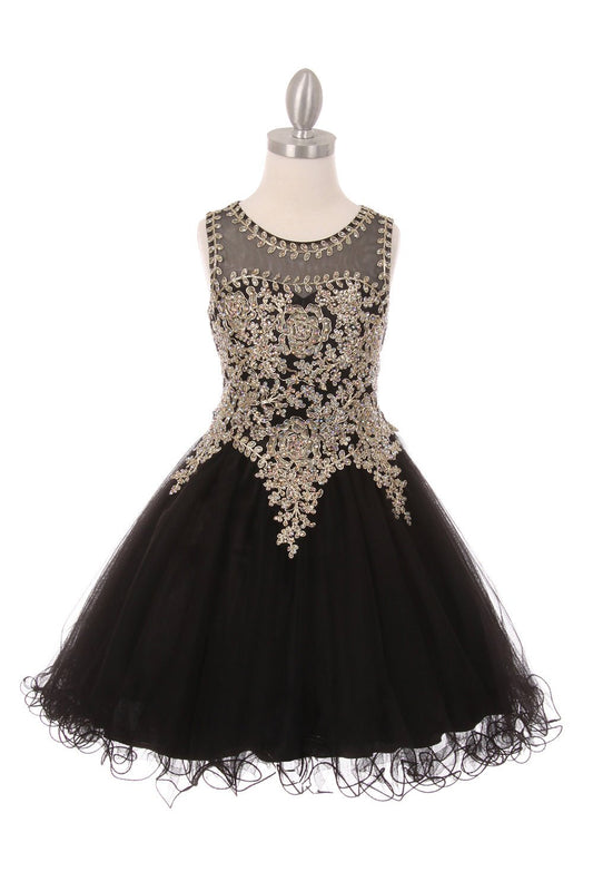 Kid Wearing Black Flower Girl Dress Front View With Lace Bodice And Layered Tulle Skirt