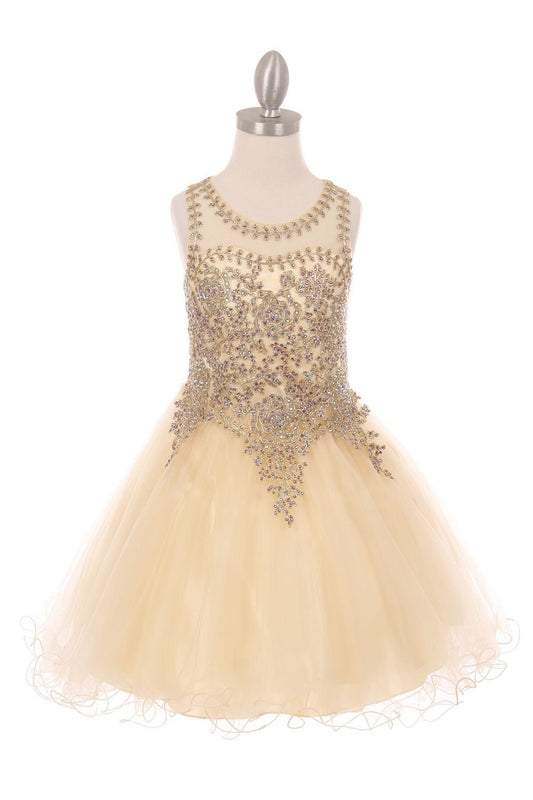 Kid Wearing Champagne Flower Girl Dress Front View With Illusion Bodice And Wired Tulle Skirt