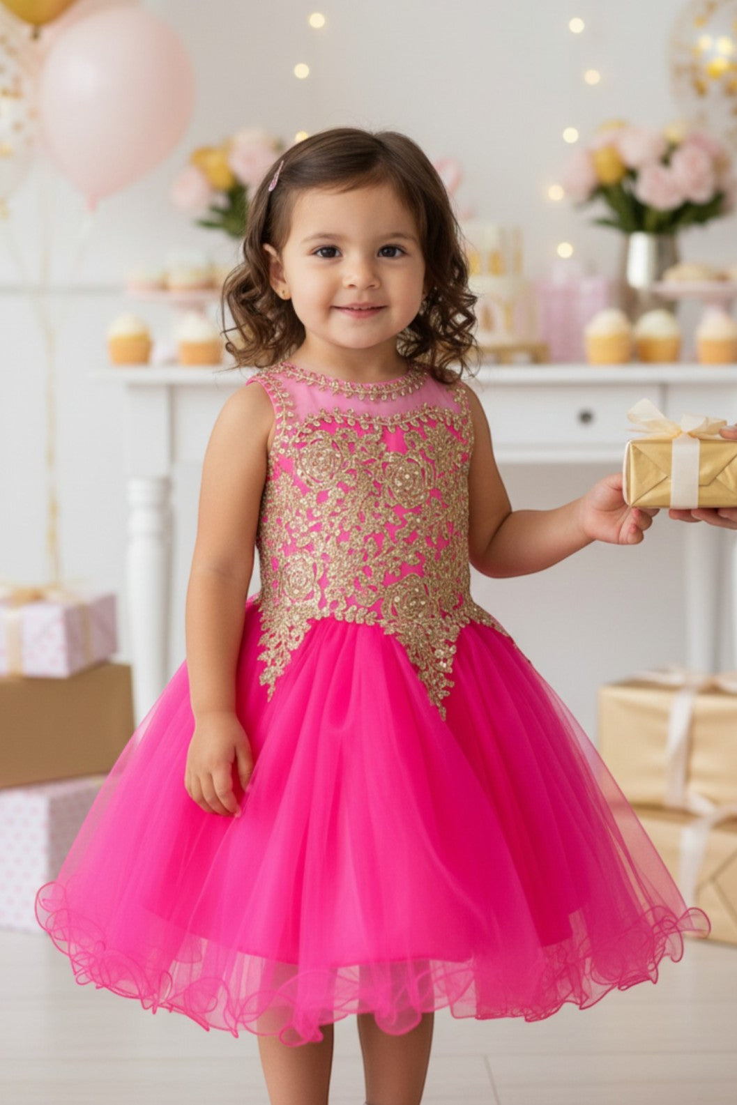 Kid Wearing Neon Fuchsia Flower Girl Dress Front View With Lace Bodice And Layered Tulle Skirt
