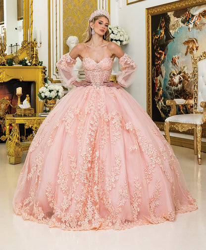 Quinceañera | Blush Off-Shoulder Floral with Appliqués Detachable Sheer Sleeves and Cape Quince Ball Gown | Xaviera dress front view